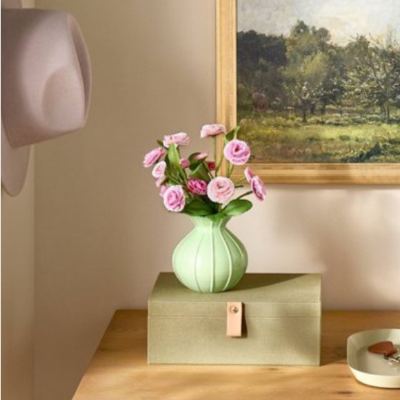 Ribbed Milk Glass Bouquet Vase & Mini Pink Strawflower Stem Bundle Hearth & Hand